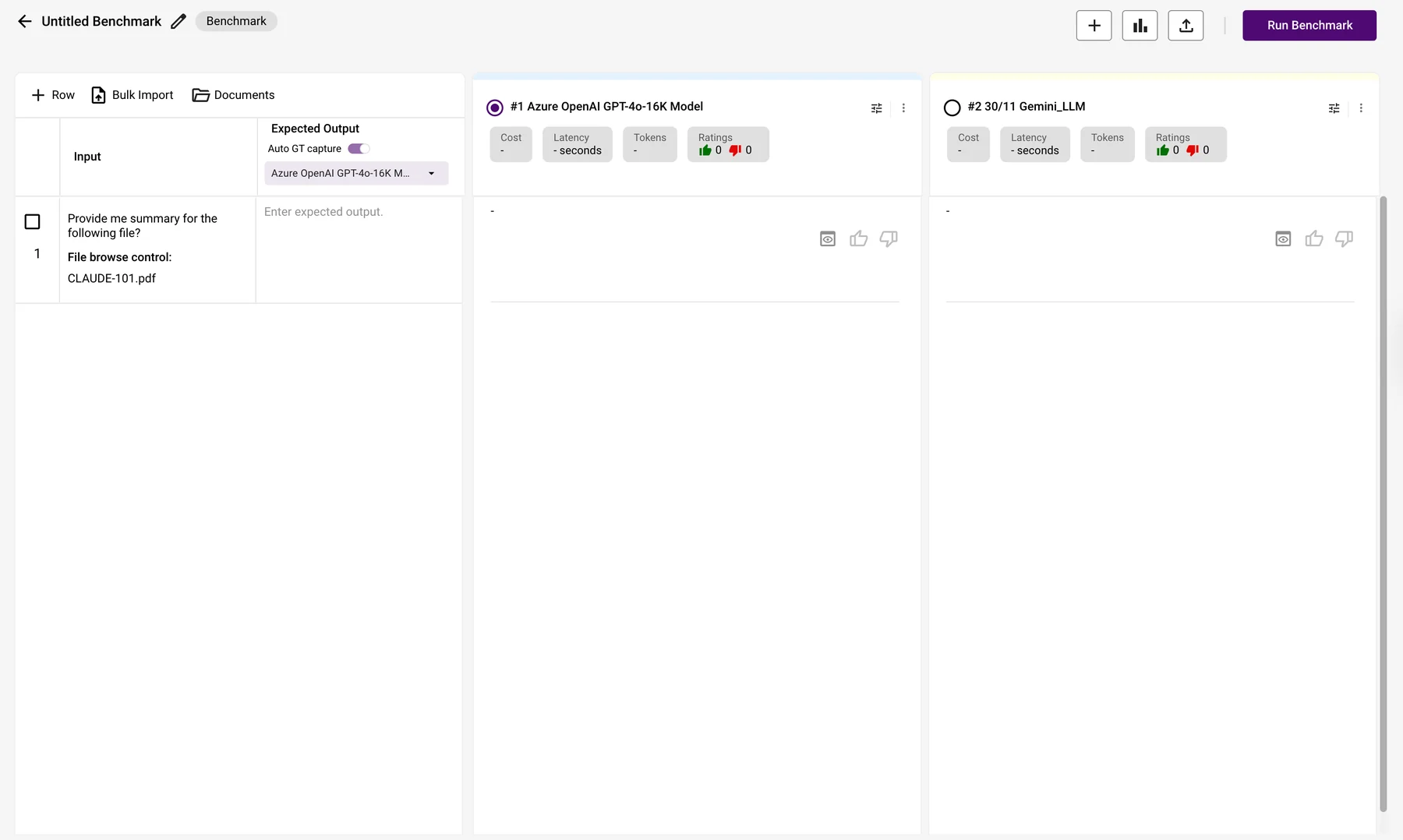 The old benchmarking interface: configuration, outputs and scores on one cluttered screen