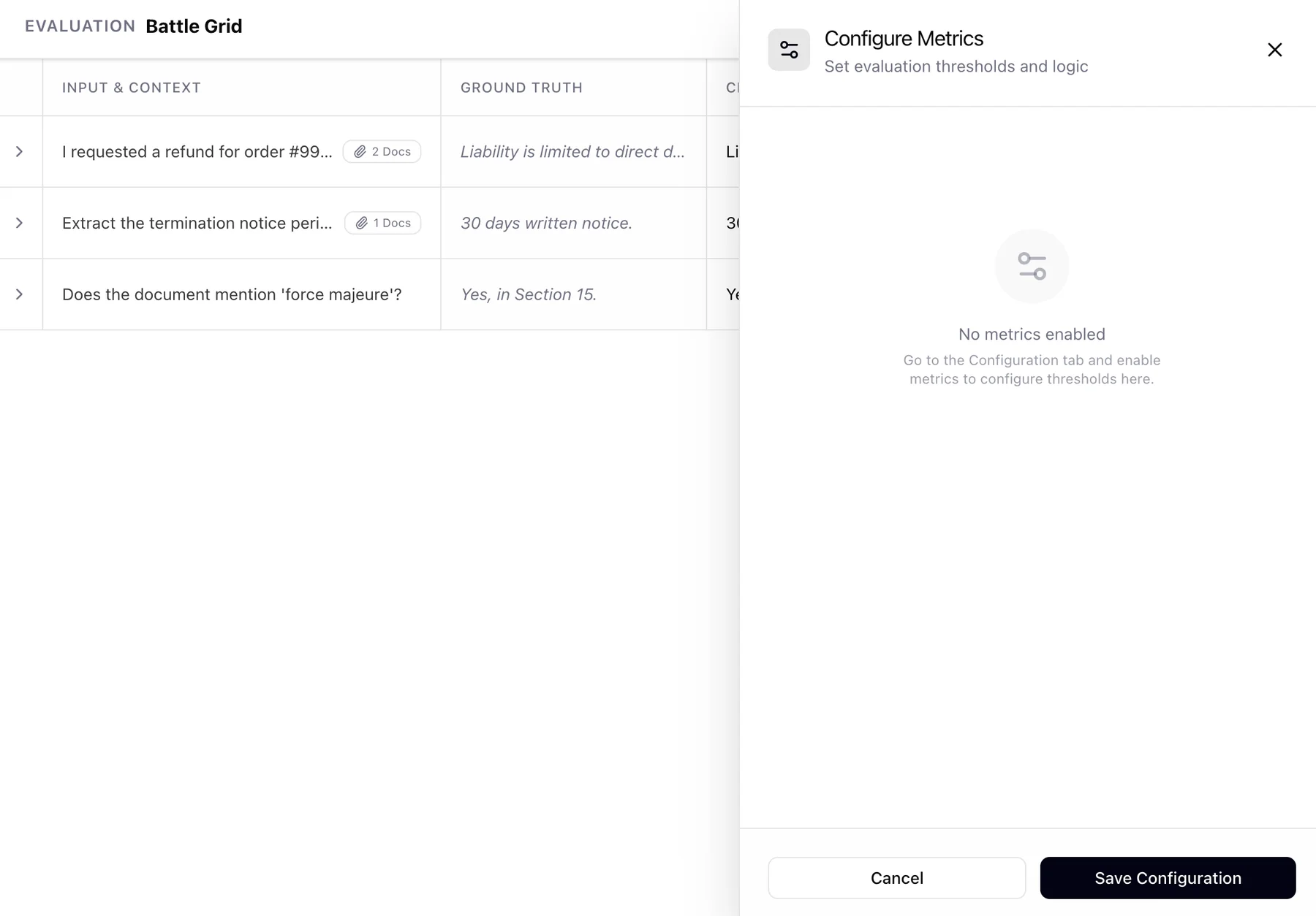 Battle Grid: the configure metrics drawer