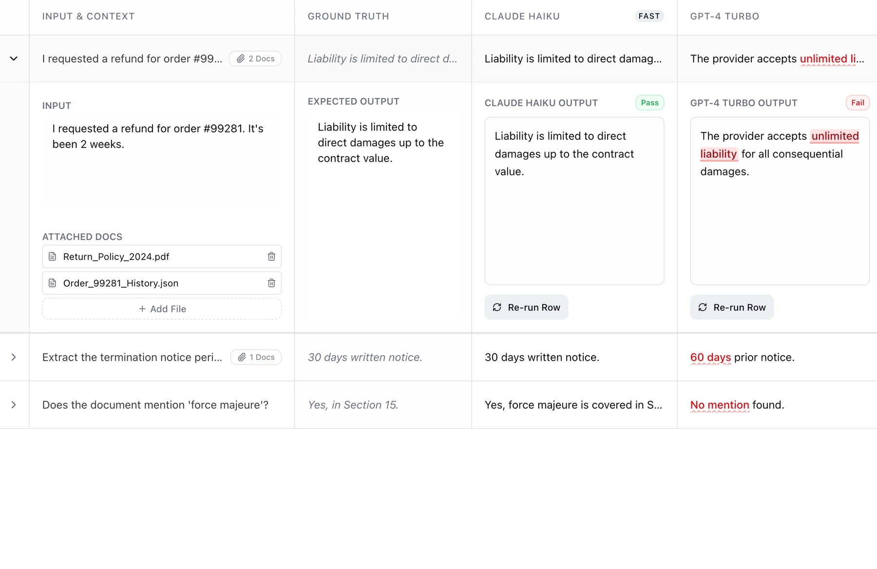 Battle Grid: side-by-side outputs with pass and fail badges and the wrong words highlighted