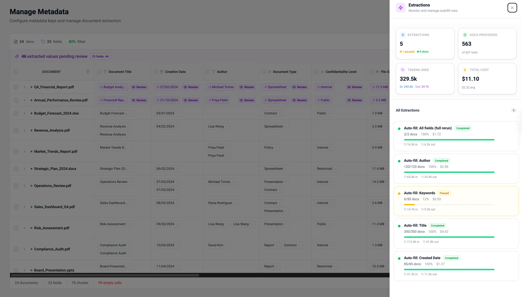 Extraction runs panel with status, tokens and cost