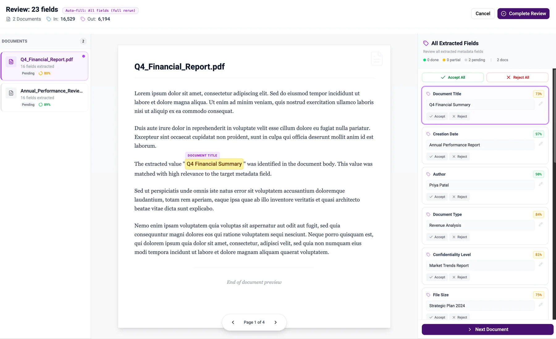 Review screen: document preview with highlighted evidence and extracted fields to accept or reject